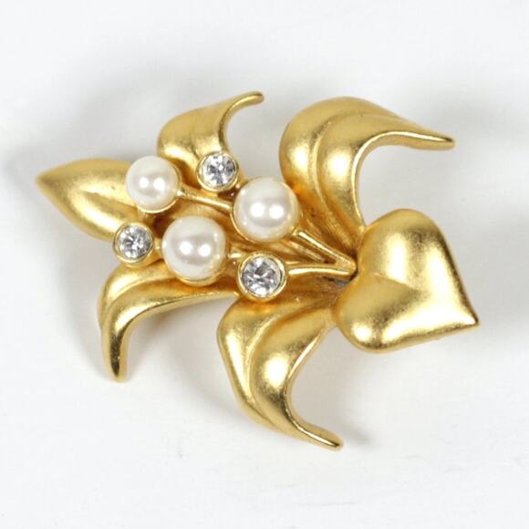 Swarovski Signed Gold Tone Crystal Faux Pearl Lily Mini Brooch Pin - Picture 2 of 7